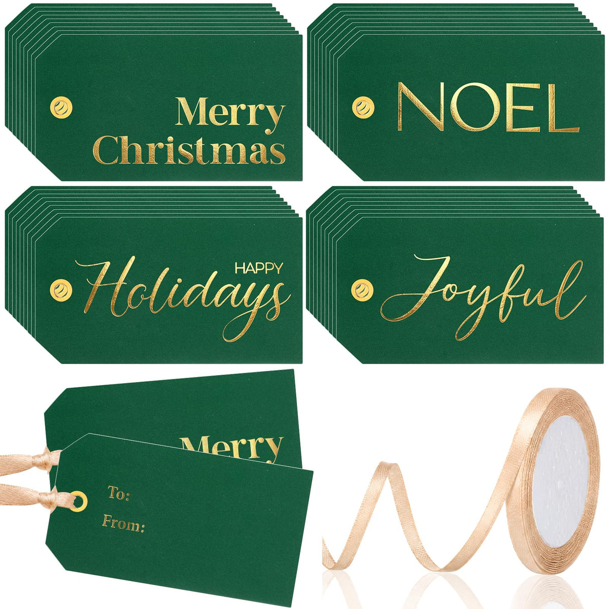 Christmas Gift Tags with Ribbon, 100 Pack, Blue and Silver