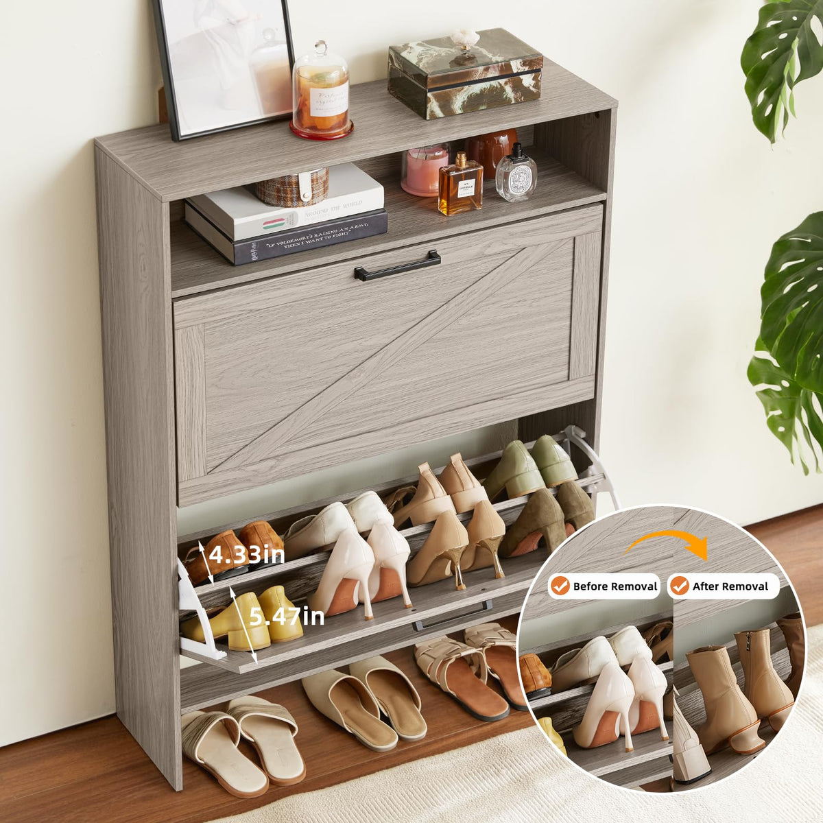 Blue Narrow Shoe Cabinet with 2 Flip Drawers