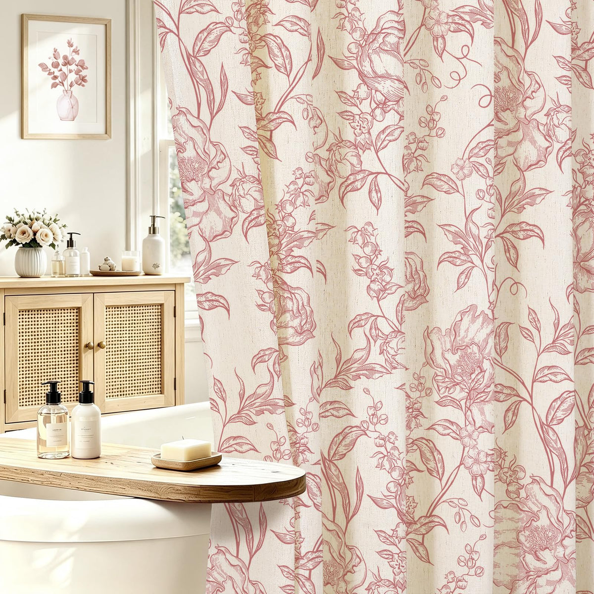 Blue Floral Linen Blend Shower Curtain