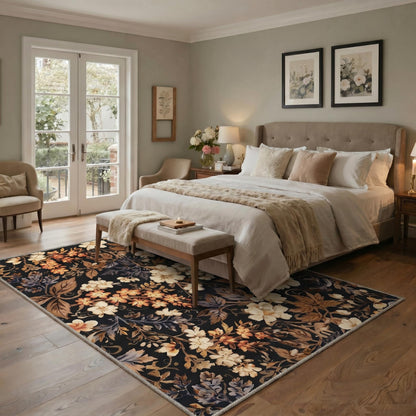 Bavni Dusty Blue Floral Washable Rug