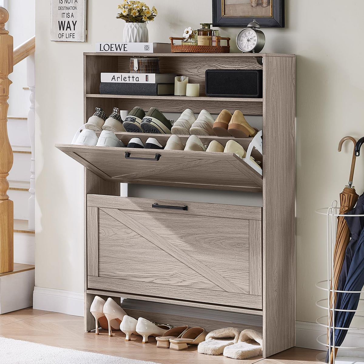 Blue Narrow Shoe Cabinet with 2 Flip Drawers