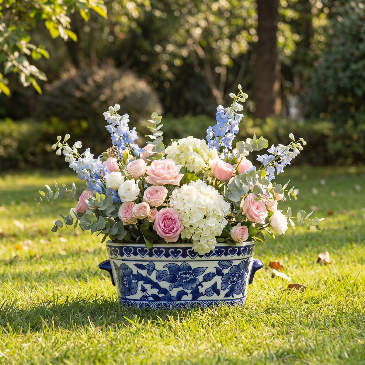 Blue and White Oval Chinoiserie Planters, Set of 2