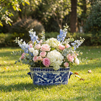 Blue and White Oval Chinoiserie Planters, Set of 2
