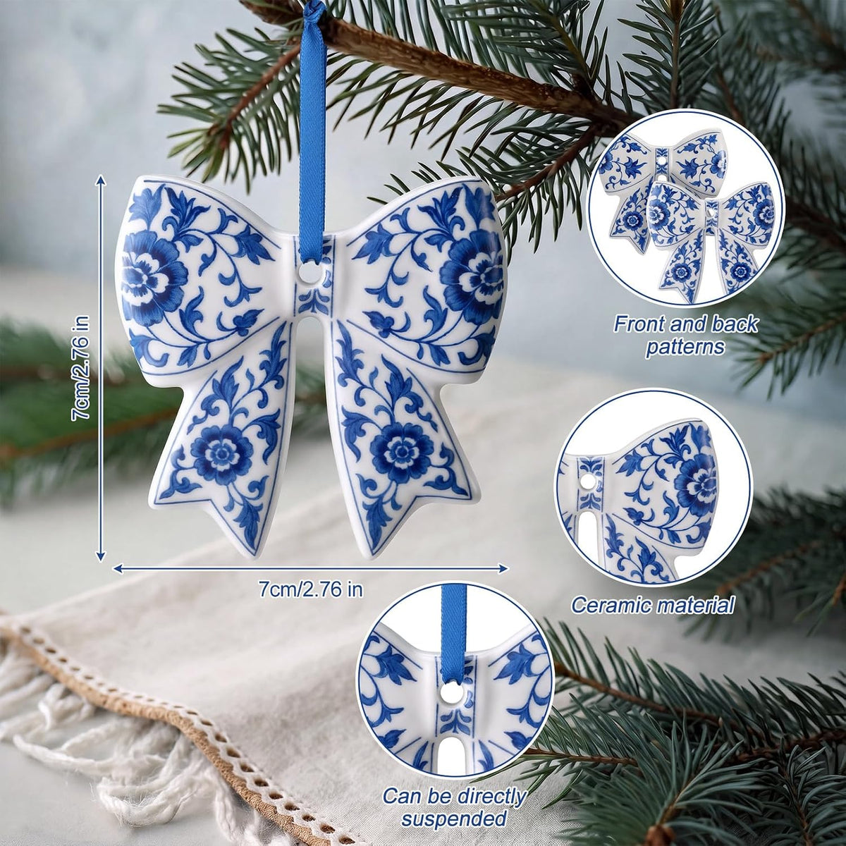 Blue and White Porcelain Bow Ornaments, Set of 6