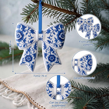 Blue and White Porcelain Bow Ornaments, Set of 6