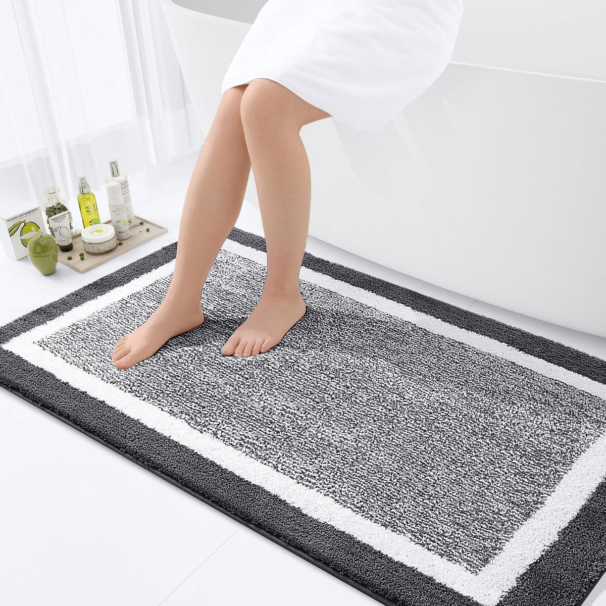 Navy and White Microfiber Bath Rug, 36 x 24
