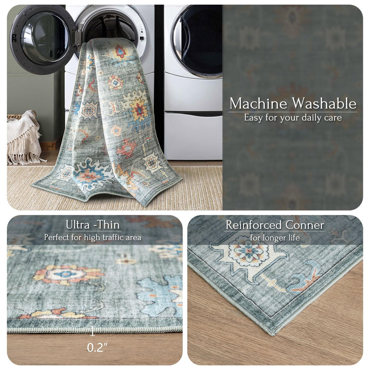 Washable Area Rug, Delft Blue Vintage Floral