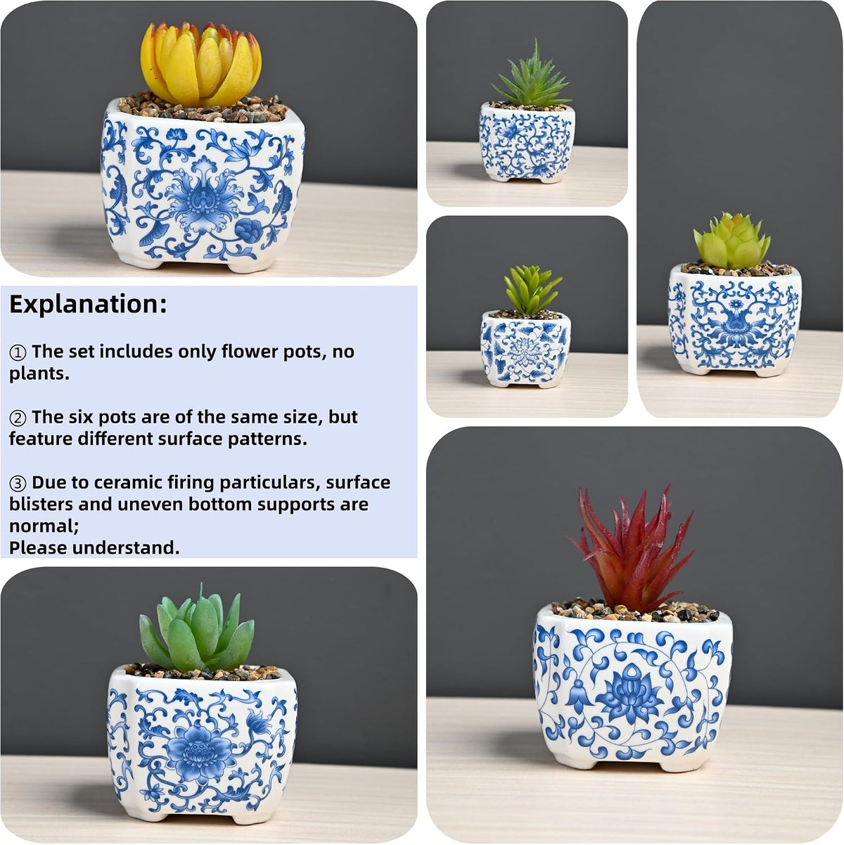 Blue and White Succulent Planters, Set of 6
