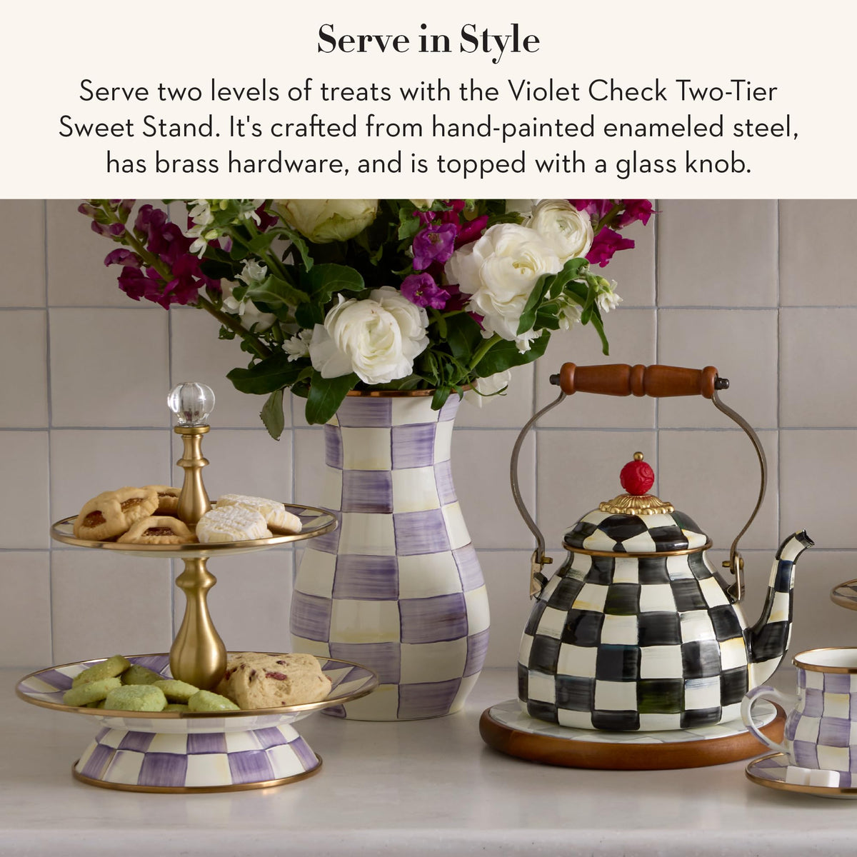 MacKenzie-Childs Two-Tier Sweet Stand, Royal Check