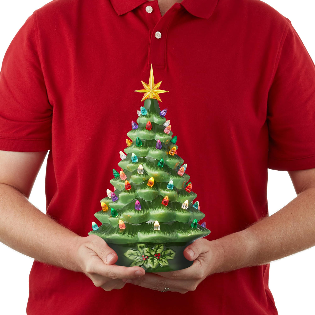 Hand Painted Ceramic Christmas Tree, 15 Inch Pre-Lit