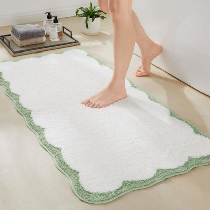 White Scalloped Bath Mat with Blue Piping