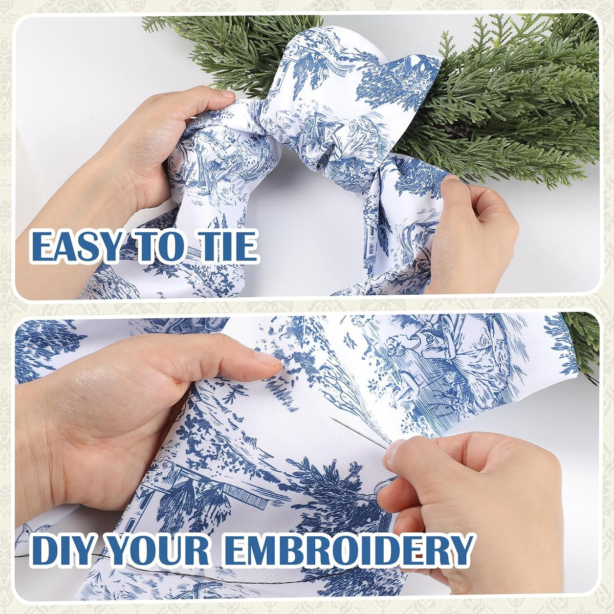 Blue French Toile Wreath Sash, Set of 2