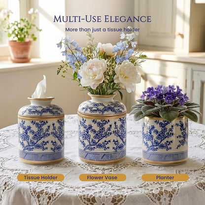 Round Chinoiserie Ceramic Tissue Holder with Lid