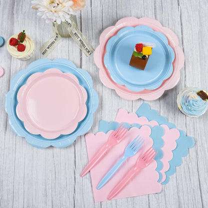 Blue Scalloped Paper Plates and Napkins, Serves 24
