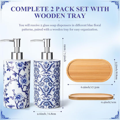 Blue and White Chinoiserie Soap Dispensers with Tray, Set of 2