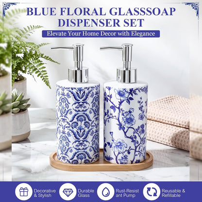 Blue and White Chinoiserie Soap Dispensers with Tray, Set of 2