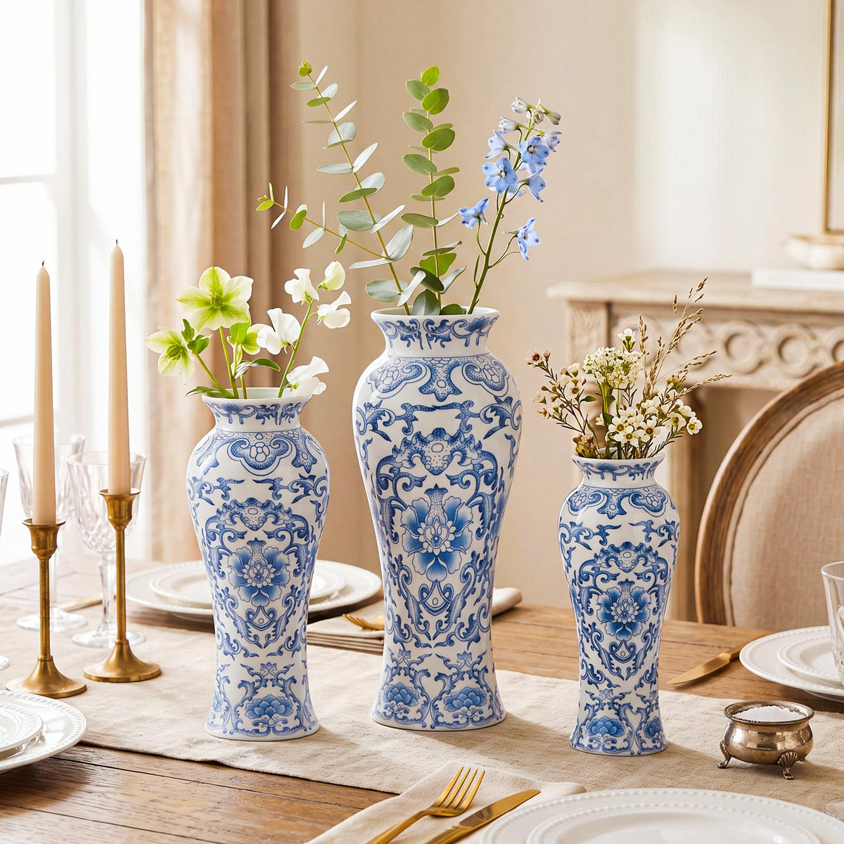 Set of 3 Blue and White Chinoiserie Vases