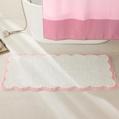 White Scalloped Bath Mat with Blue Piping