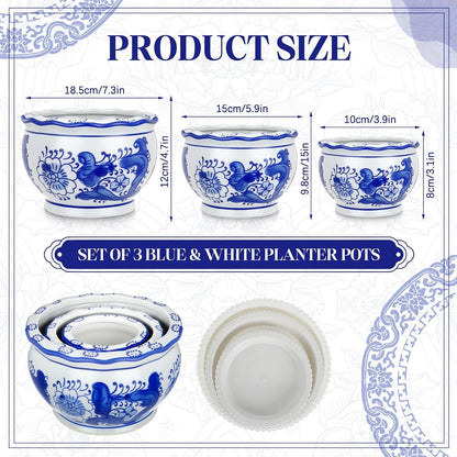 Blue and White Chinoiserie Planters with Saucers, Set of 3
