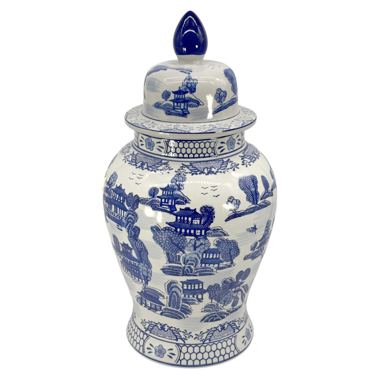 Large 25 Inch Blue and White Chinoiserie Temple Jar