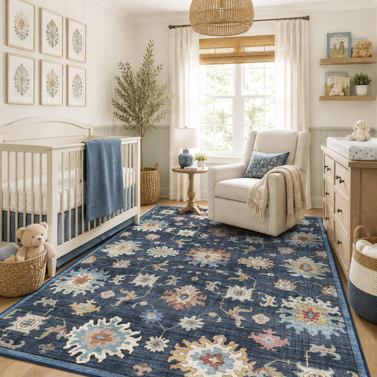 Washable Area Rug, Delft Blue Vintage Floral