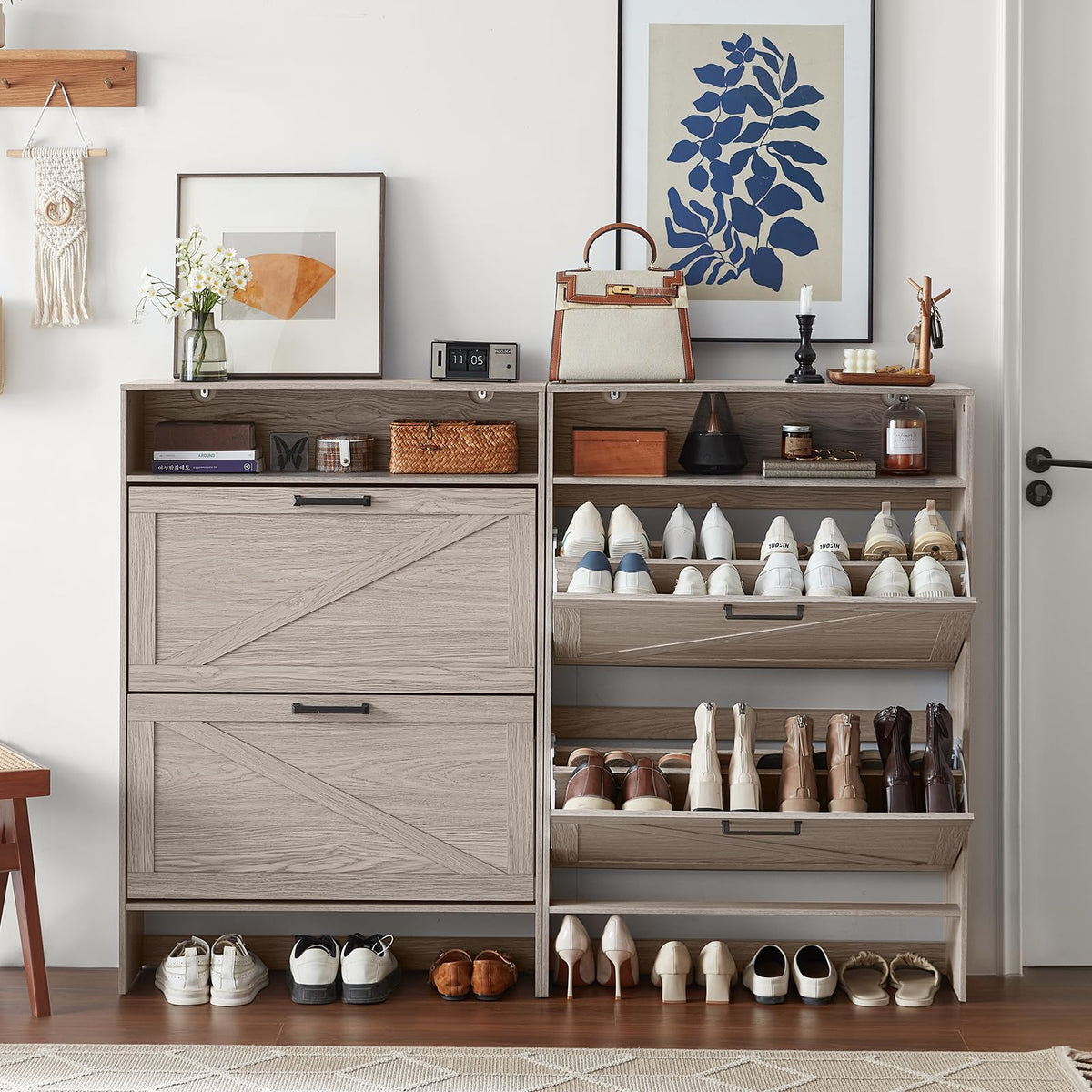 Blue Narrow Shoe Cabinet with 2 Flip Drawers