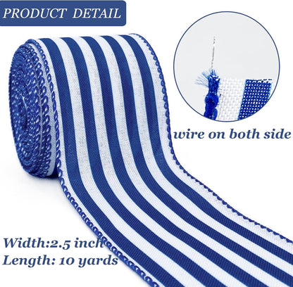 Royal Blue and White Striped Wired Ribbon, 2.5 Inch