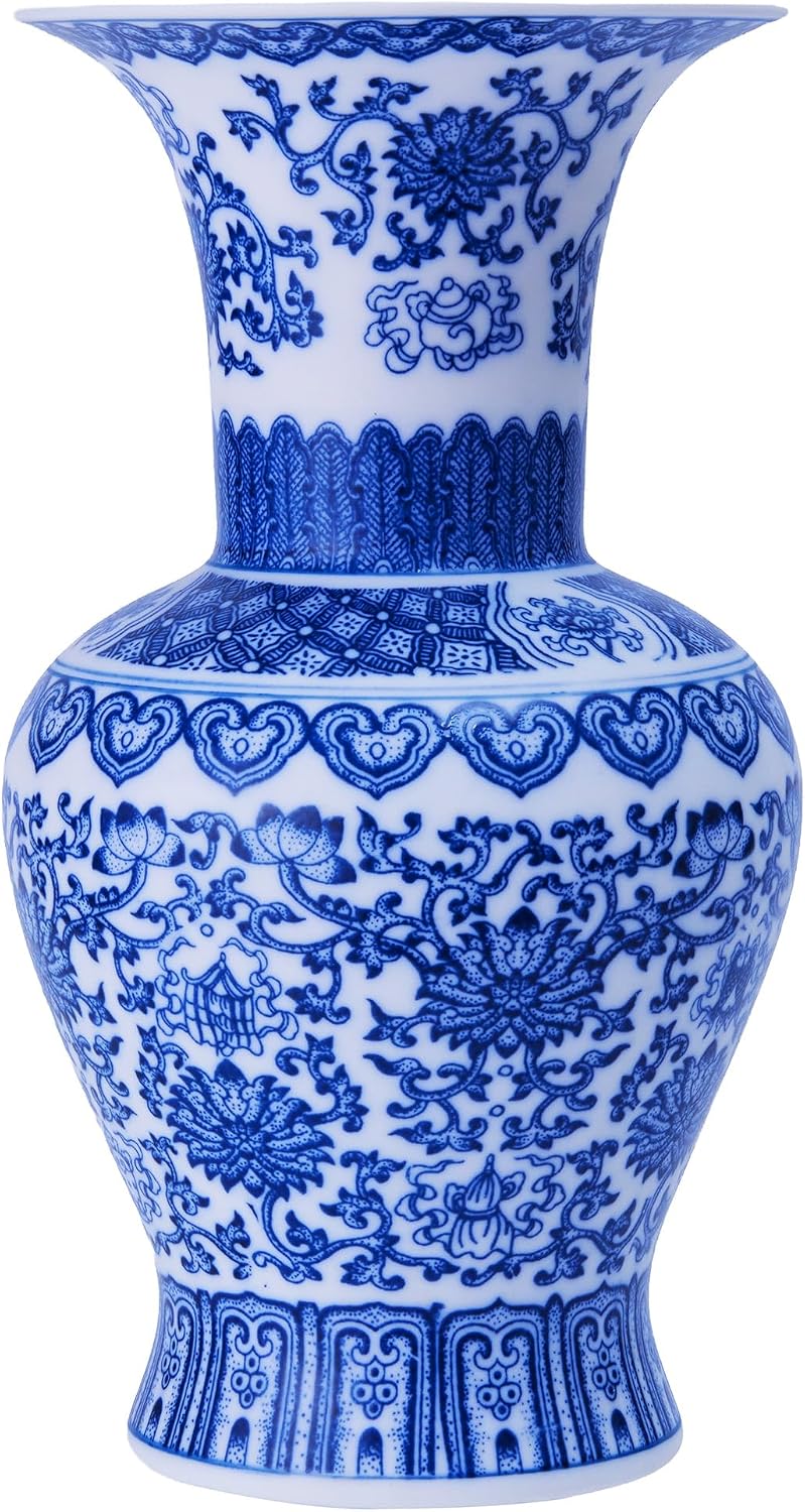Blue and White Chinoiserie Trumpet Vase, 10 Inch