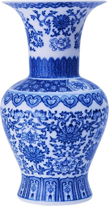 Blue and White Chinoiserie Trumpet Vase, 10 Inch