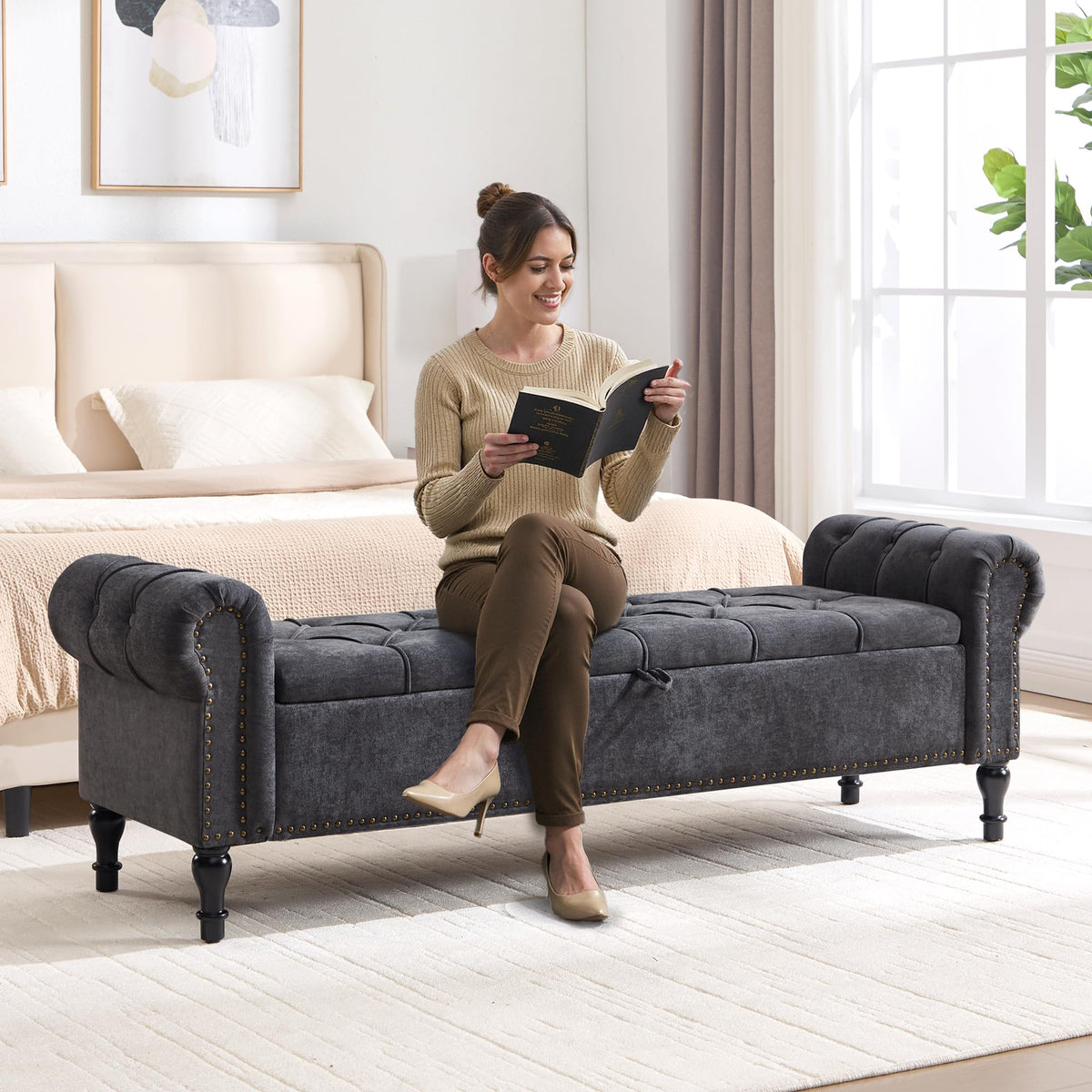 Navy Velvet Tufted Storage Bench