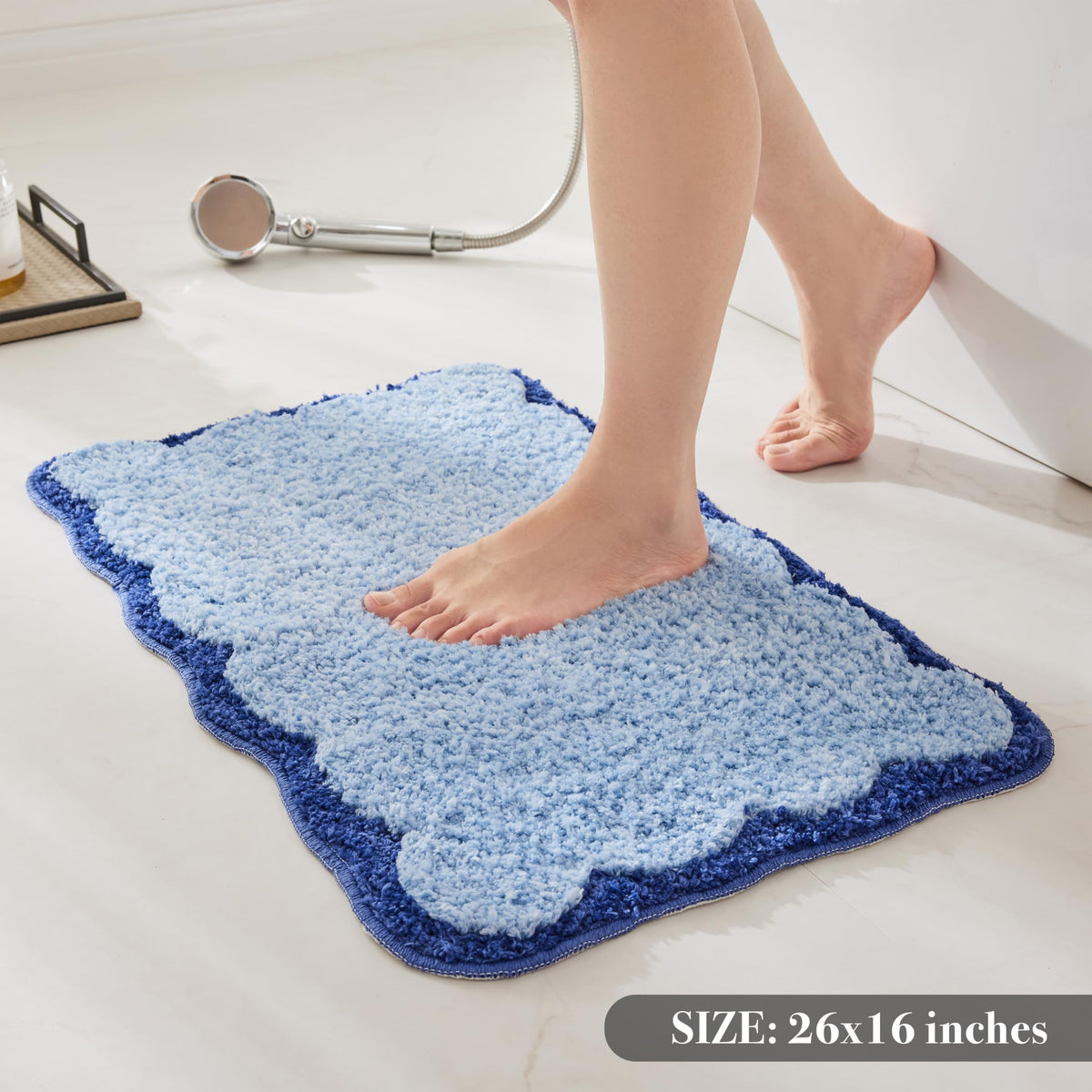 White Scalloped Bath Mat with Blue Piping