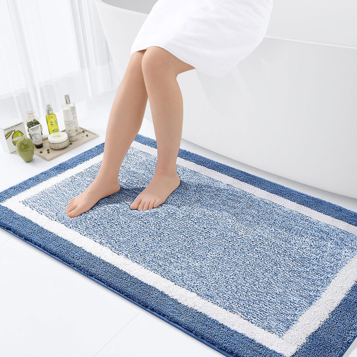 Navy and White Microfiber Bath Rug, 36 x 24