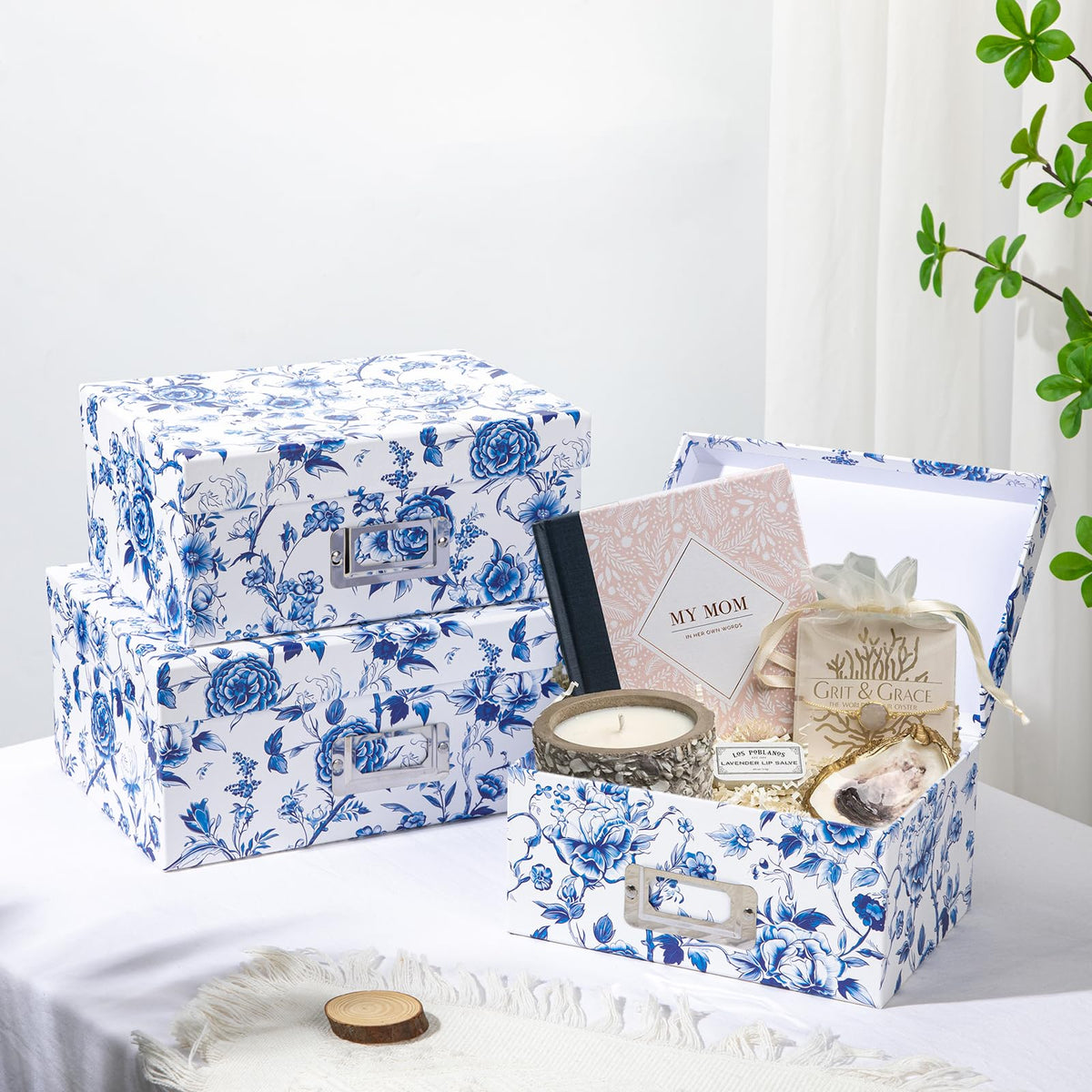 Blue and White Floral Nested Storage Boxes