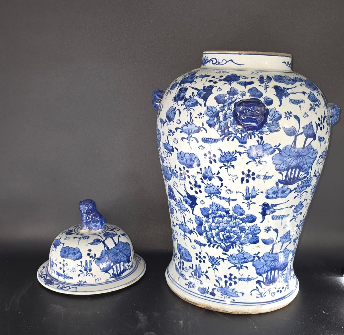 Blue and White Lotus Ginger Jar, 19 Inch