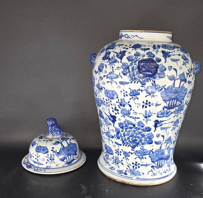 Blue and White Lotus Ginger Jar, 19 Inch