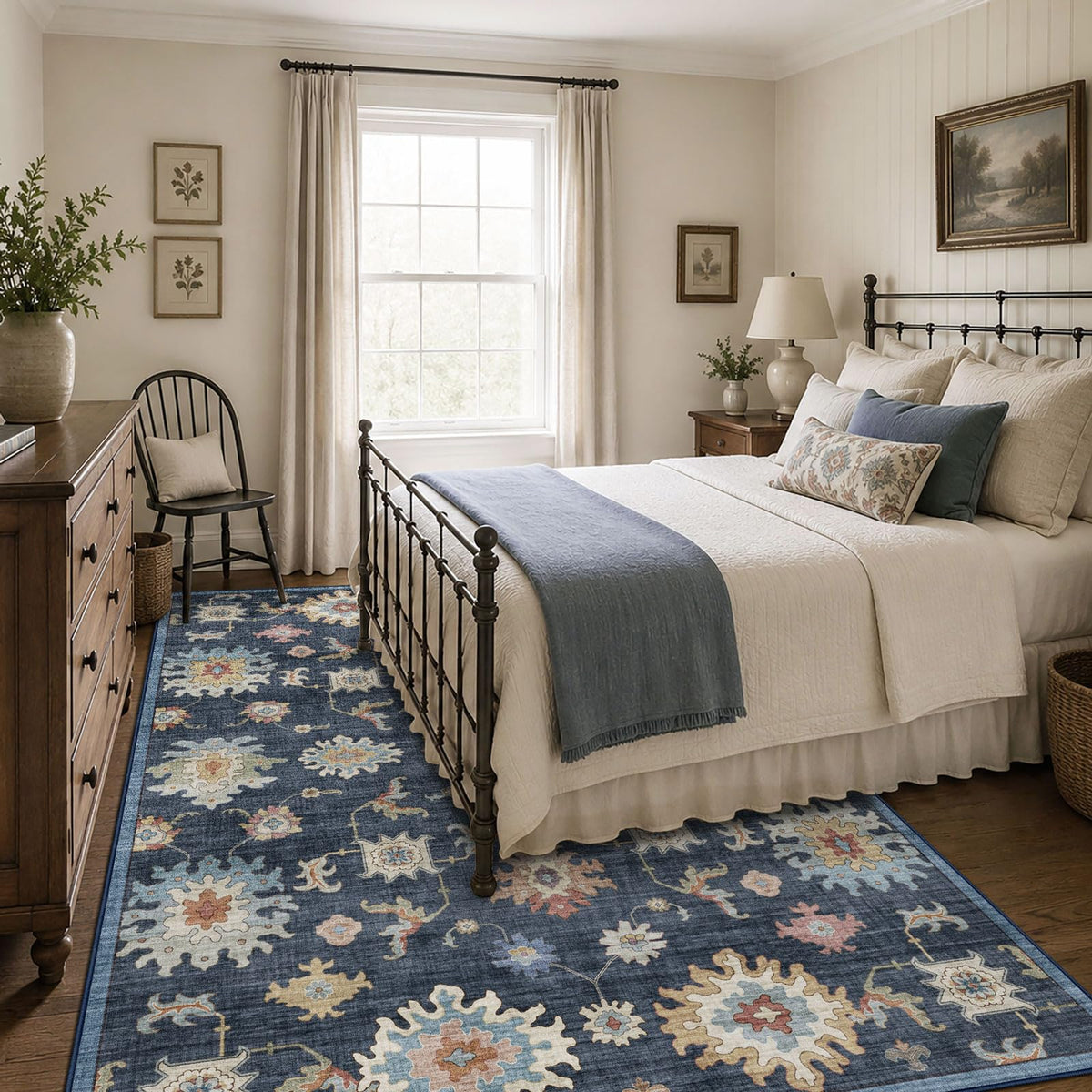 Washable Area Rug, Delft Blue Vintage Floral