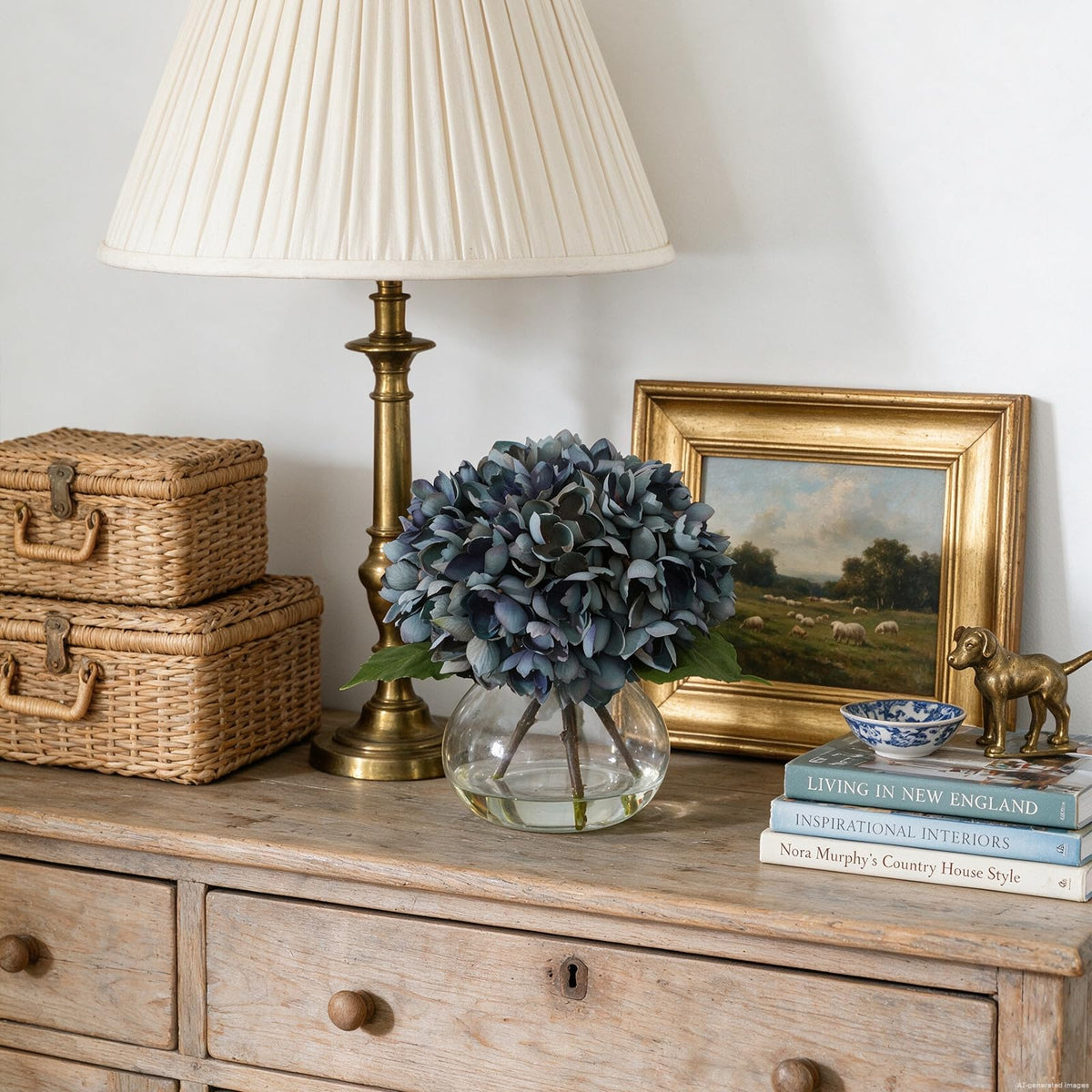 Blue Faux Hydrangea Arrangement in Glass Vase