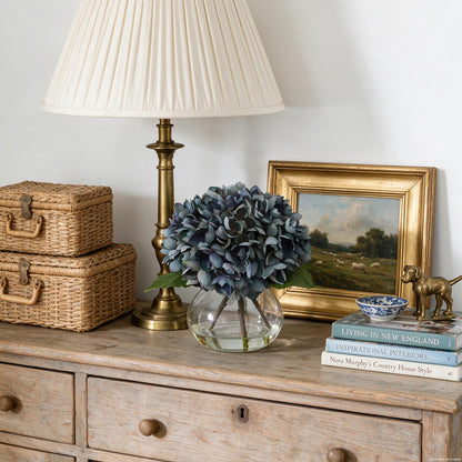 Blue Faux Hydrangea Arrangement in Glass Vase