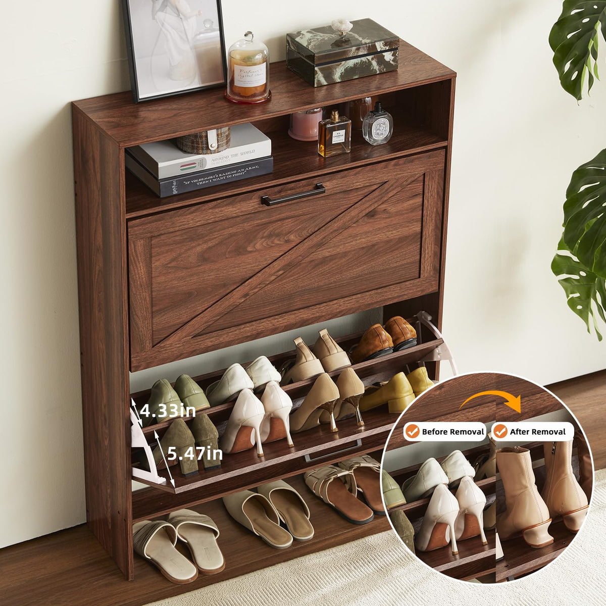 Blue Narrow Shoe Cabinet with 2 Flip Drawers