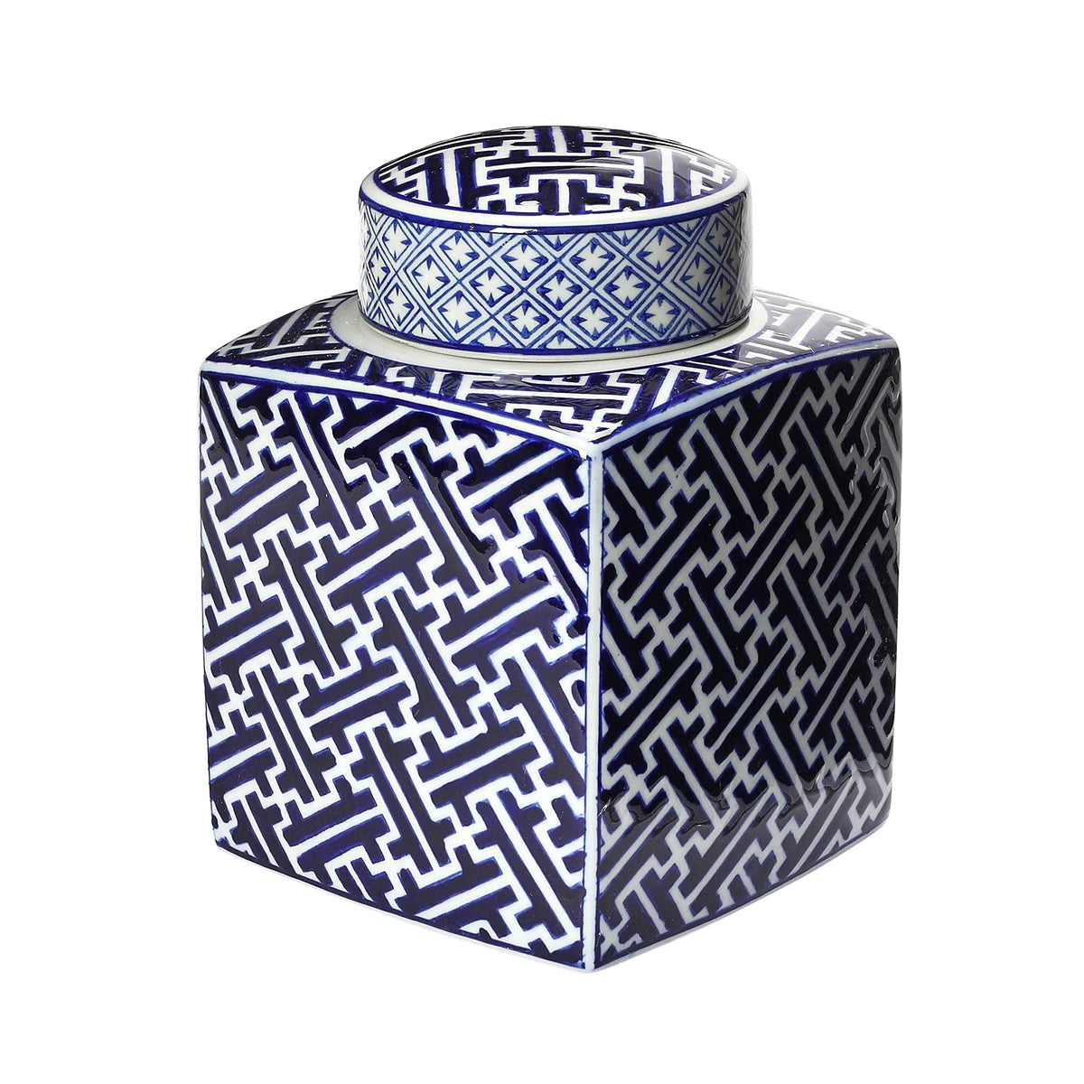 Square Ceramic Ginger Jar with Lid, Blue and White