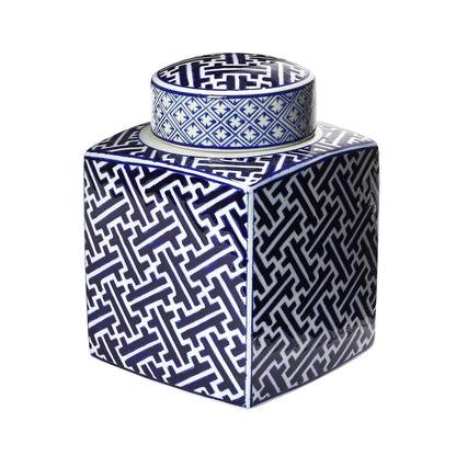 Square Ceramic Ginger Jar with Lid, Blue and White
