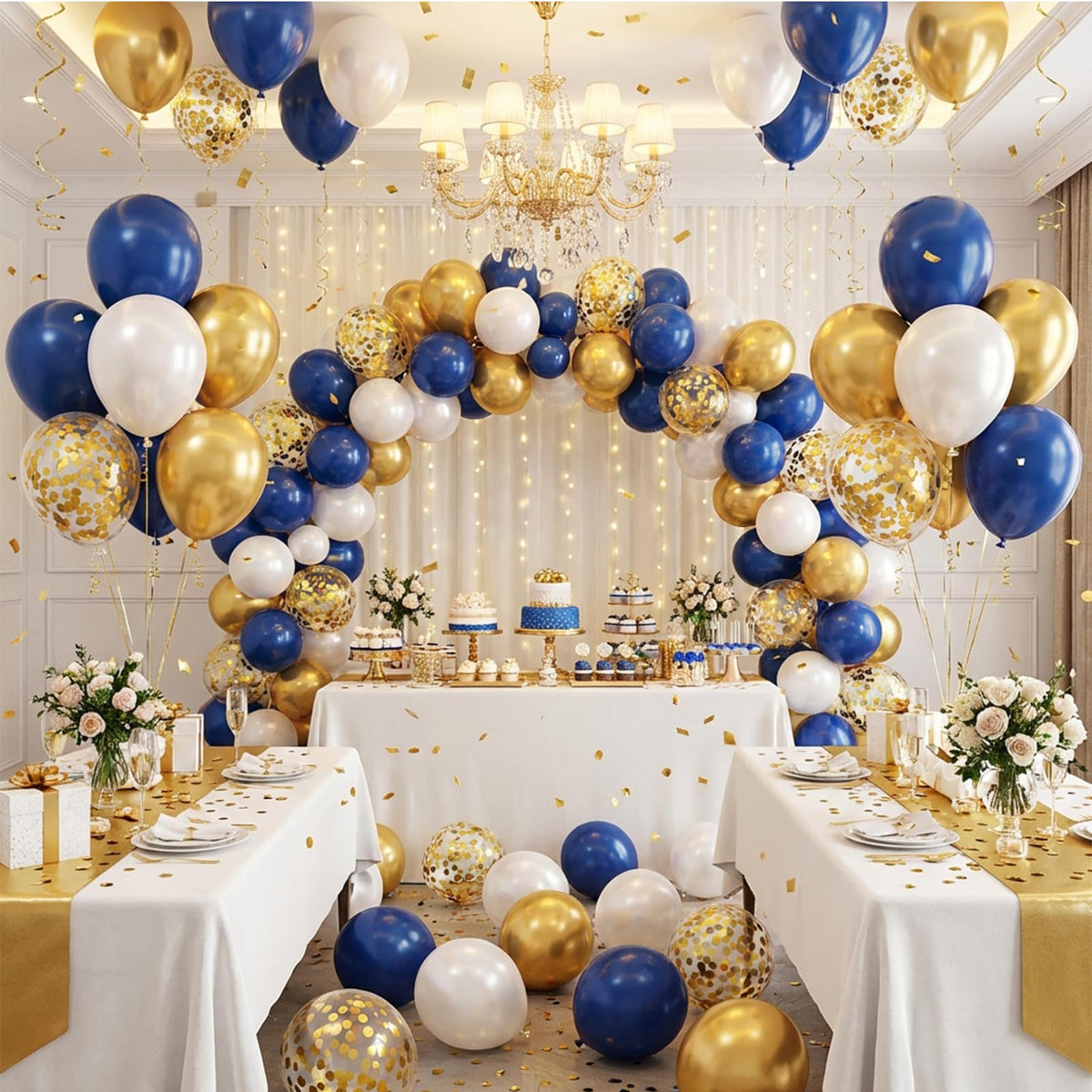 Royal Blue and White Confetti Balloons, 50 Pack