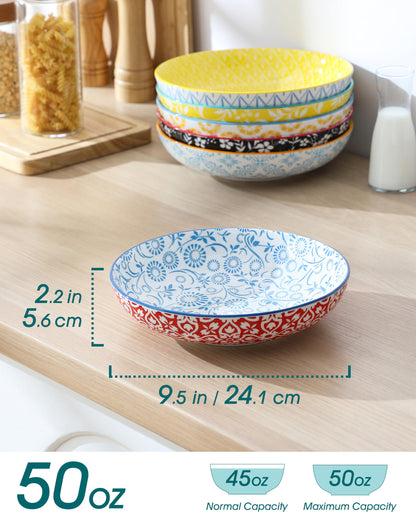 Blue and White Floral Pasta Bowls, Set of 6
