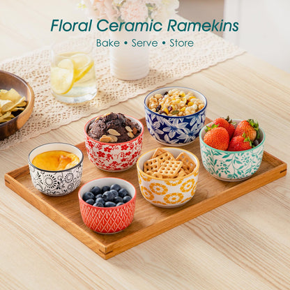 Floral Ceramic Ramekins, Set of 6