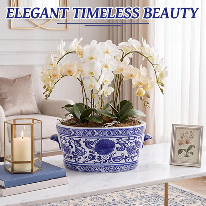 Blue and White Chinoiserie Oval Planter
