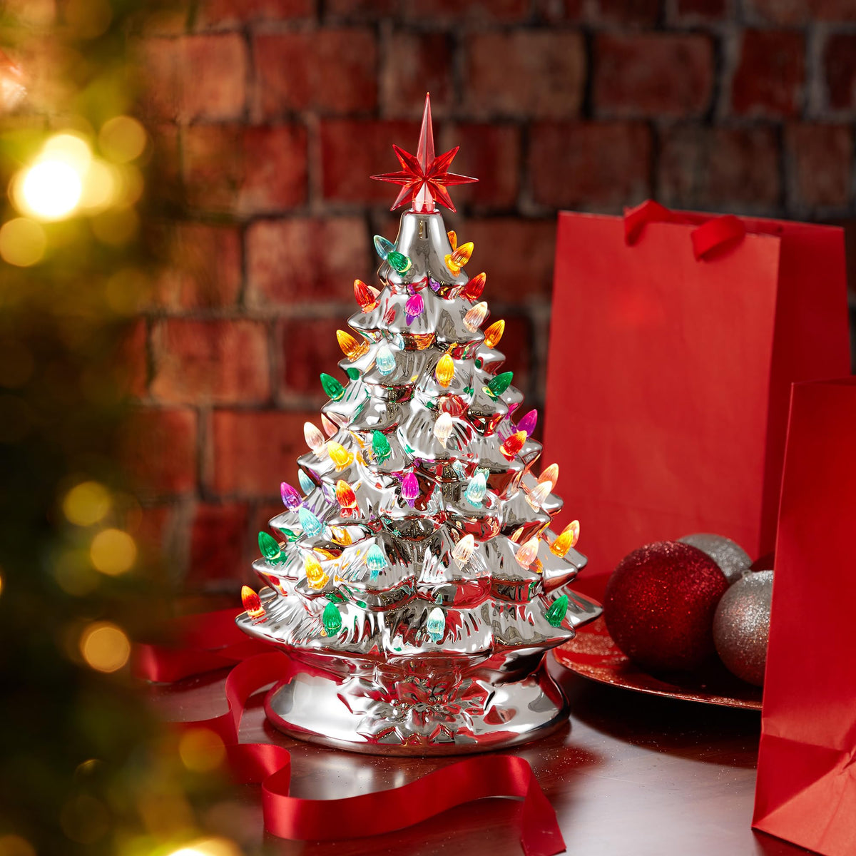Hand Painted Ceramic Christmas Tree, 15 Inch Pre-Lit
