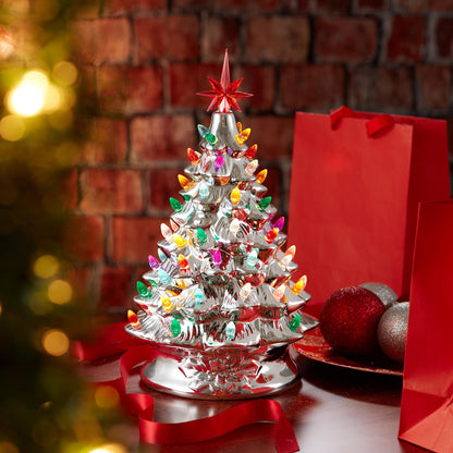 Hand Painted Ceramic Christmas Tree, 15 Inch Pre-Lit