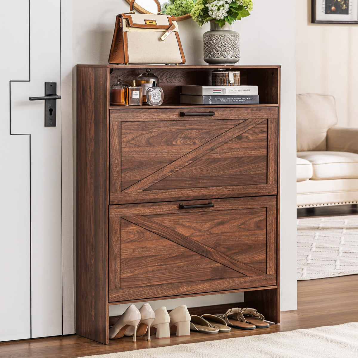 Blue Narrow Shoe Cabinet with 2 Flip Drawers