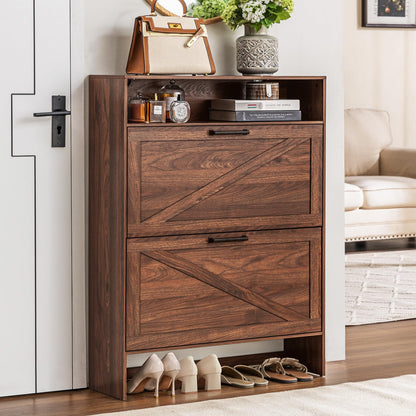 Blue Narrow Shoe Cabinet with 2 Flip Drawers