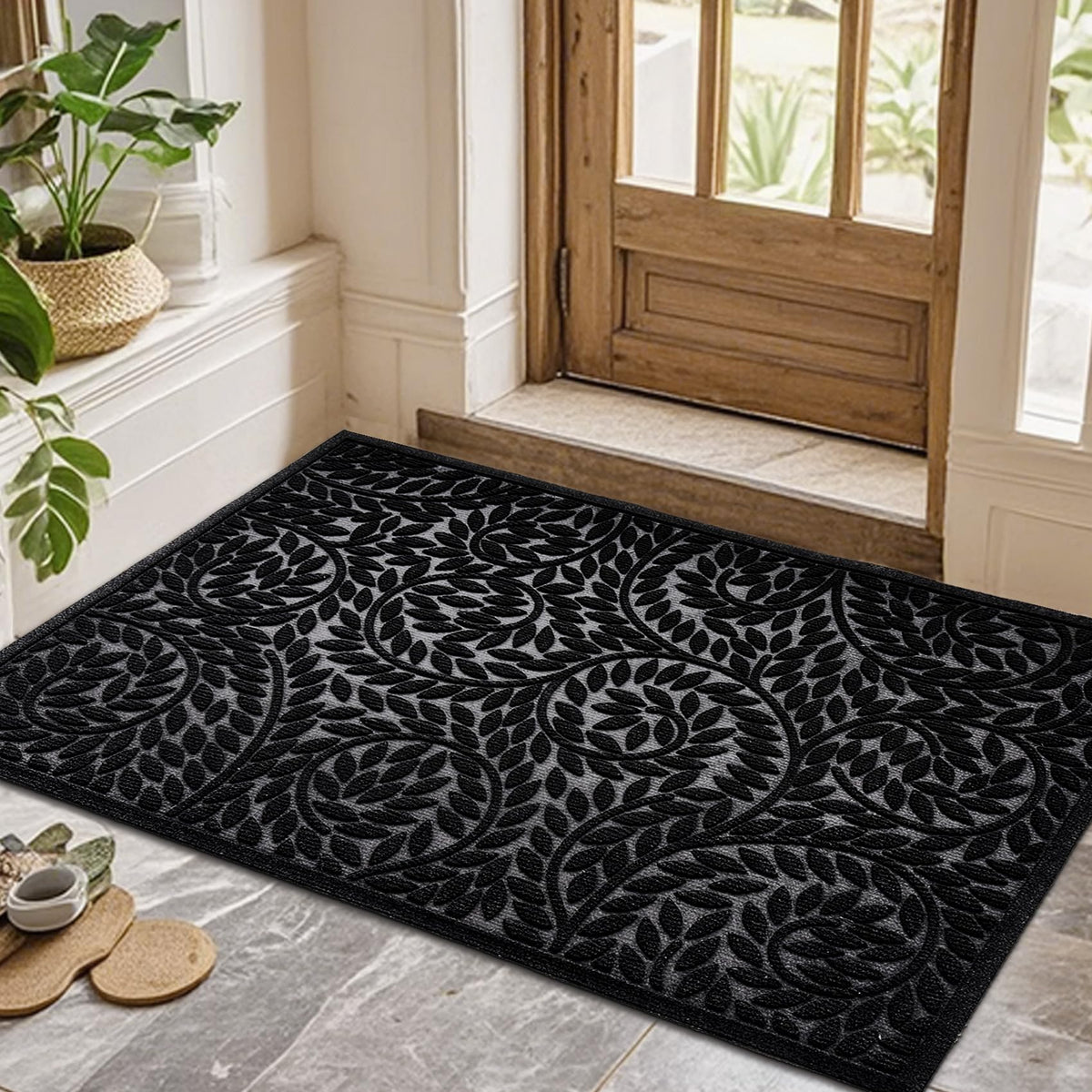 Blue Leaf Front Door Mat, Non-Slip Rubber